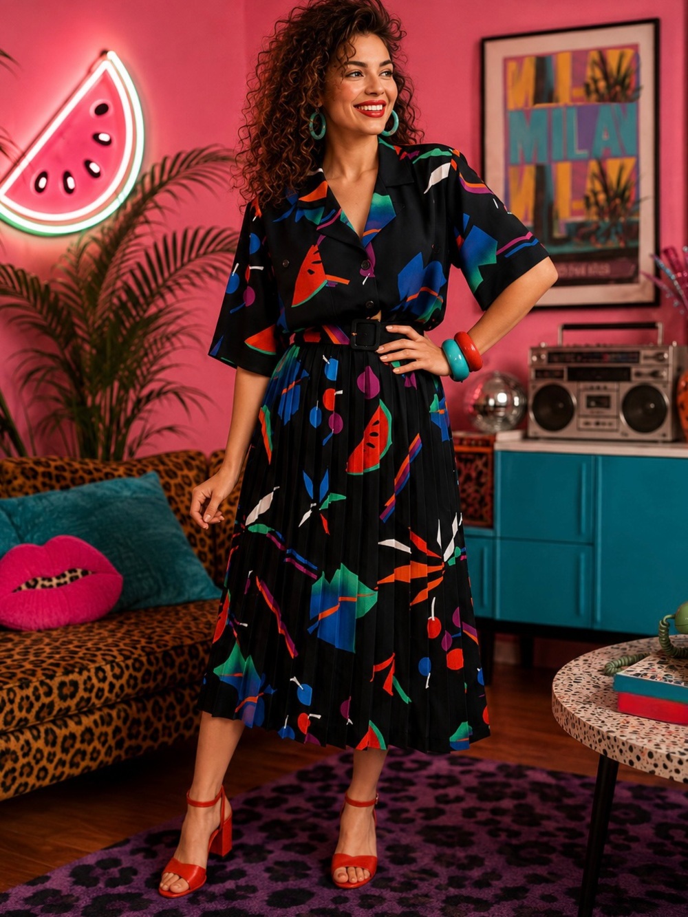Vintage 80s Andrea Gayle Pleated Midi Dress Black Abstract Fruit Print Size 16